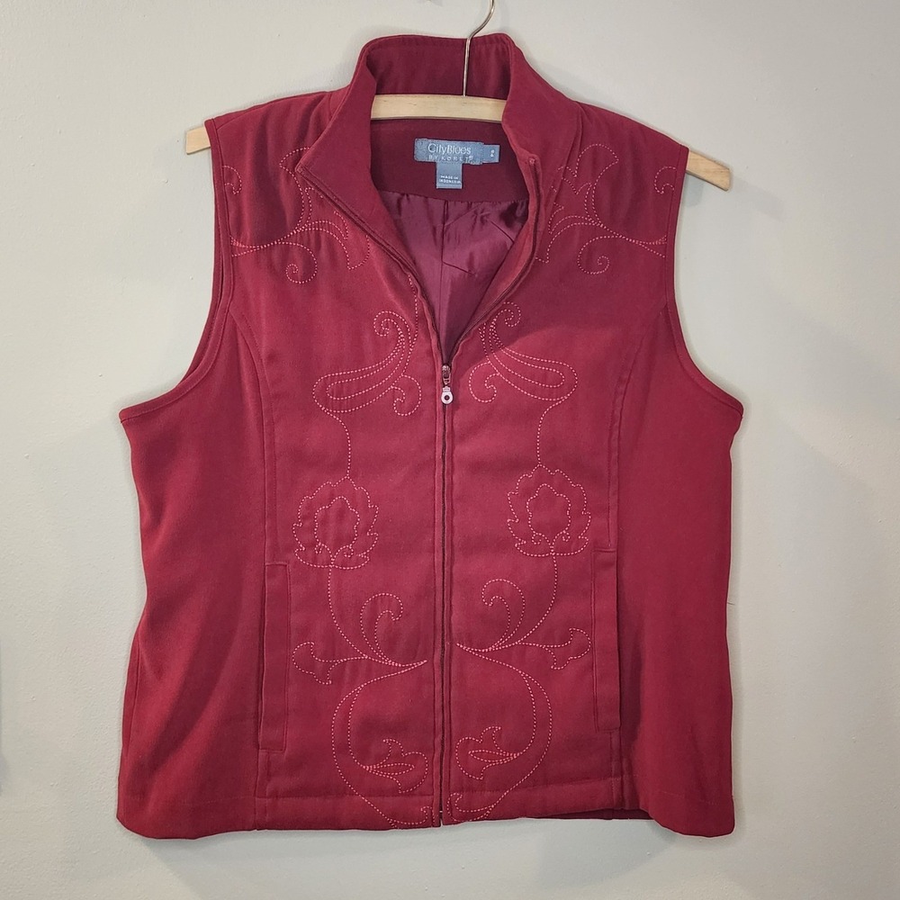 Vest Petite Small Red Western Boho Embroidered Floral Zip Cowgirl Ranchwear